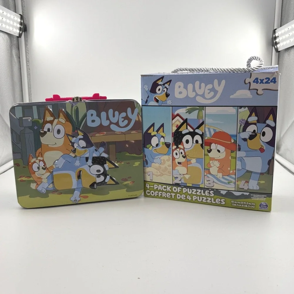 Bluey Heeler Puzzle Lot Metal Tin Lunch Box +3 Mini Puzzles+ 5-12x12 Puzzles EUC